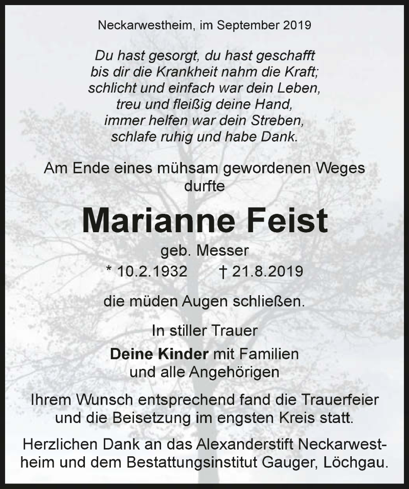  Traueranzeige für Marianne Feist vom 09.09.2019 aus 
