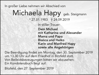 Traueranzeige von Michaela Hapy 