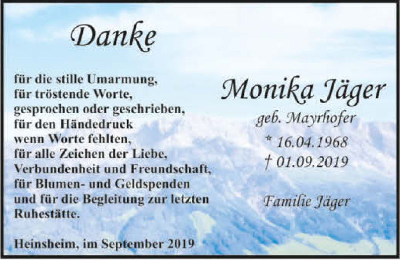  Traueranzeige für Monika Jäger vom 07.09.2019 aus 