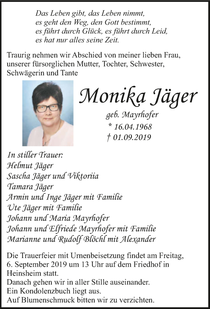  Traueranzeige für Monika Jäger vom 04.09.2019 aus 