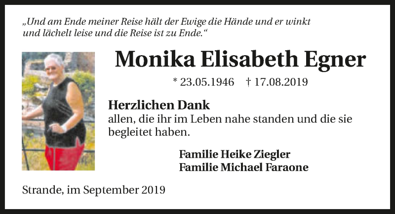  Traueranzeige für Monika Elisabeth Egner vom 21.09.2019 aus 
