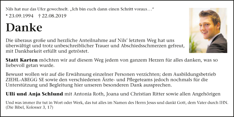  Traueranzeige für Nils Schlund vom 07.09.2019 aus 