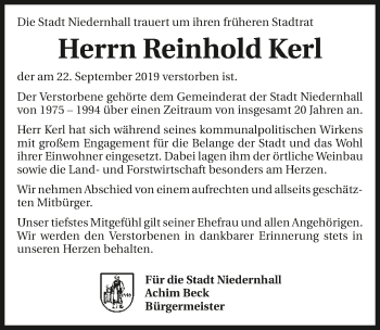 Traueranzeige von Reinhold Kerl 