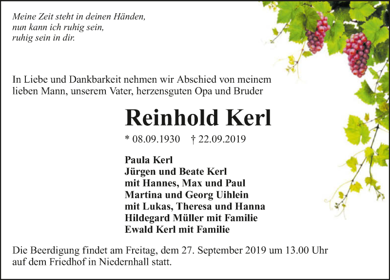  Traueranzeige für Reinhold Kerl vom 25.09.2019 aus 