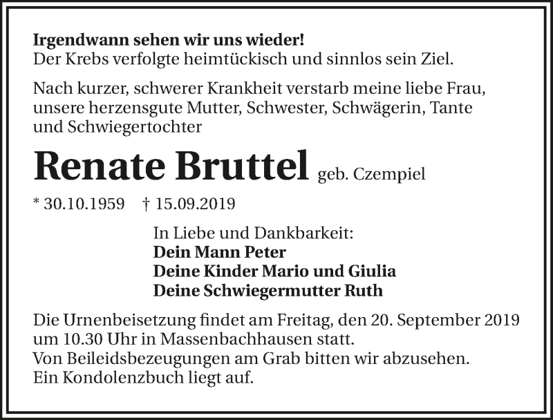  Traueranzeige für Renate Bruttel vom 18.09.2019 aus 