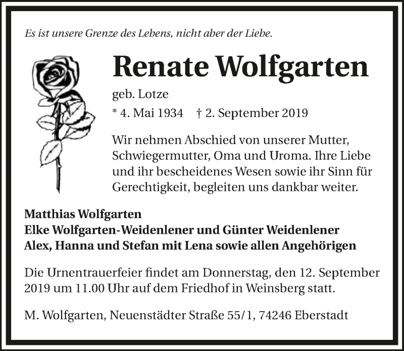  Traueranzeige für Renate Wolfgarten vom 07.09.2019 aus 