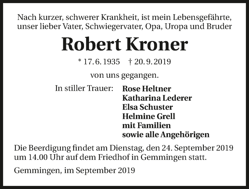  Traueranzeige für Robert Kroner vom 23.09.2019 aus 