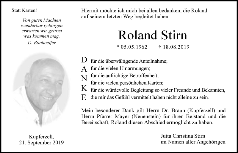  Traueranzeige für Roland Stirn vom 21.09.2019 aus 