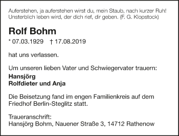 Traueranzeige von Rolf Bohm 
