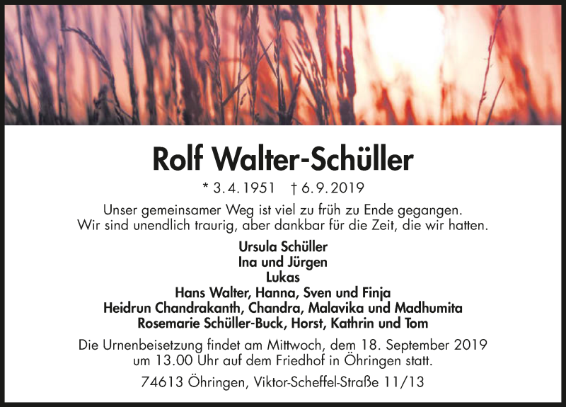  Traueranzeige für Rolf Walter-Schüller vom 14.09.2019 aus 