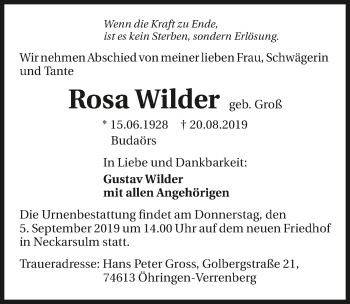 Traueranzeige von Rosa Wilder 