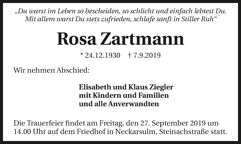  Traueranzeige für Rosa Zartmann vom 21.09.2019 aus 