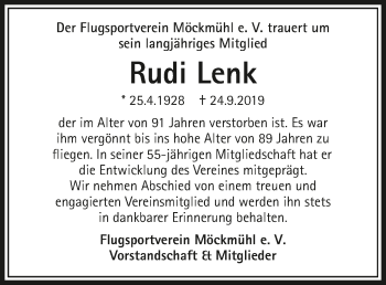 Traueranzeige von Rudi Lenk 