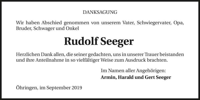  Traueranzeige für Rudolf Seeger vom 14.09.2019 aus 