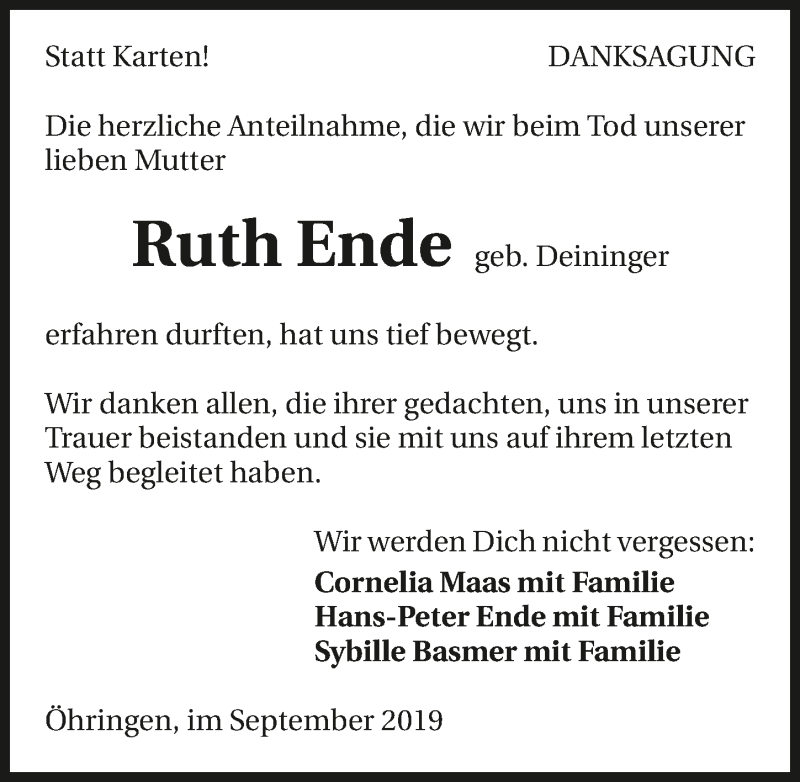 Traueranzeige für Ruth Ende vom 14.09.2019 aus 
