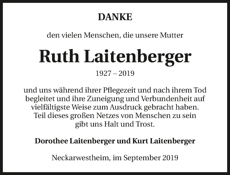  Traueranzeige für Ruth Laitenberger vom 25.09.2019 aus 