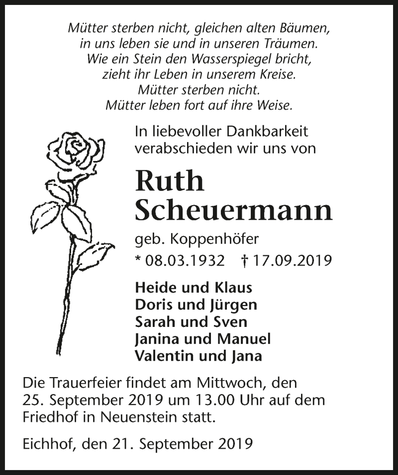  Traueranzeige für Ruth Scheuermann vom 21.09.2019 aus 