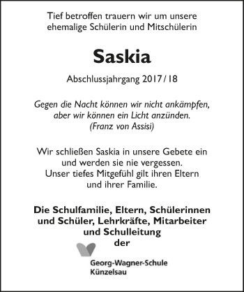 Traueranzeige von Saskia Schneider 