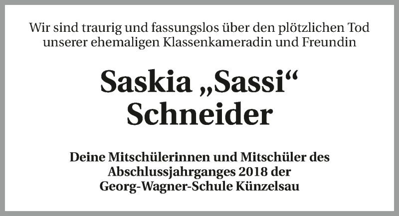  Traueranzeige für Saskia Schneider vom 20.09.2019 aus 
