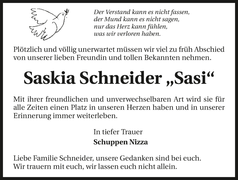  Traueranzeige für Saskia Schneider vom 20.09.2019 aus 