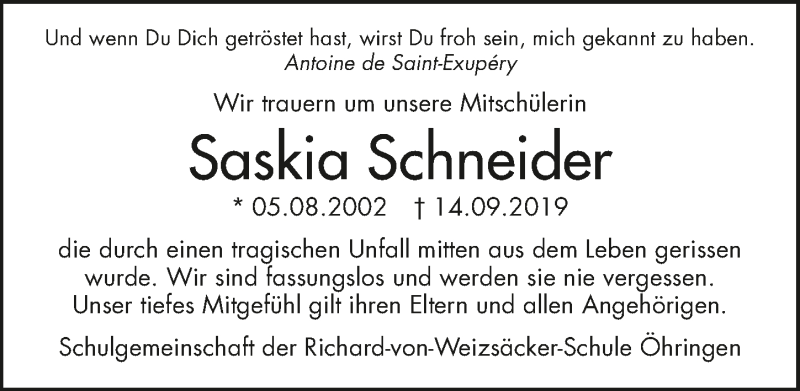  Traueranzeige für Saskia Schneider vom 21.09.2019 aus 