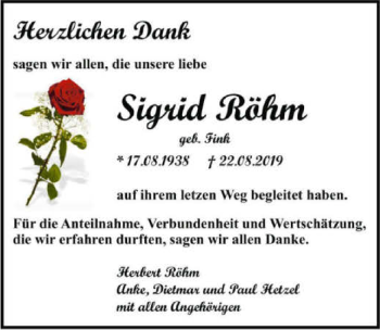 Traueranzeige von Sigrid Röhm 