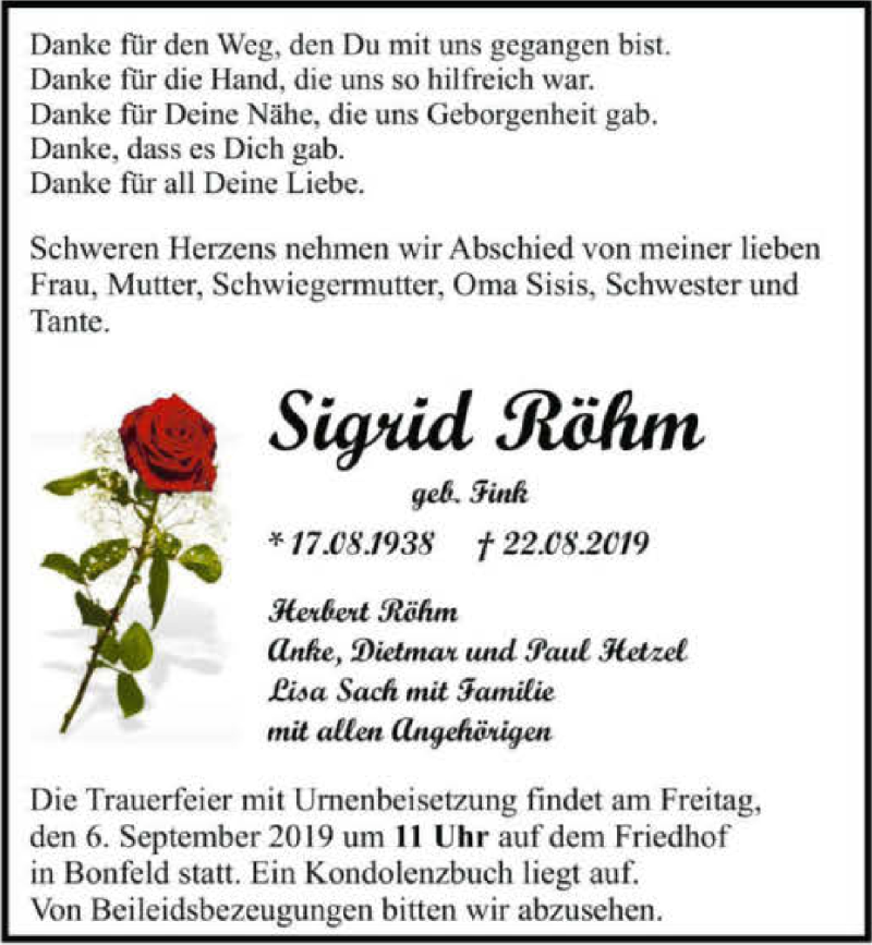  Traueranzeige für Sigrid Röhm vom 03.09.2019 aus 