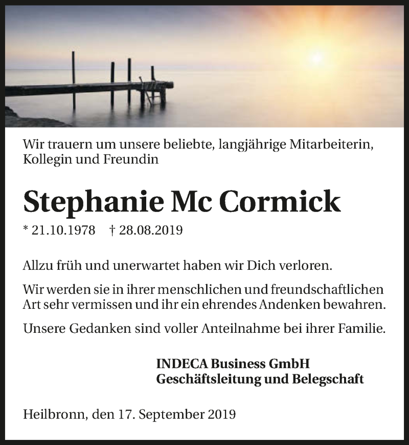  Traueranzeige für Stephanie Mc Cormick vom 17.09.2019 aus 