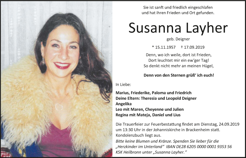  Traueranzeige für Susanna Layher vom 21.09.2019 aus 