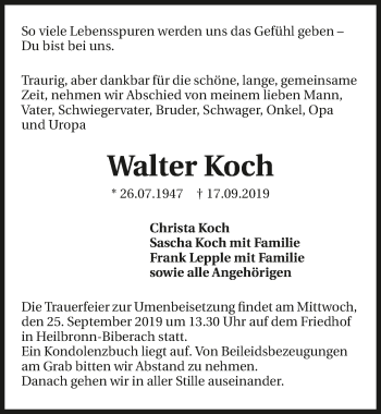 Traueranzeige von Walter Koch 