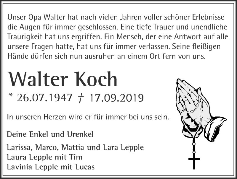  Traueranzeige für Walter Koch vom 21.09.2019 aus 