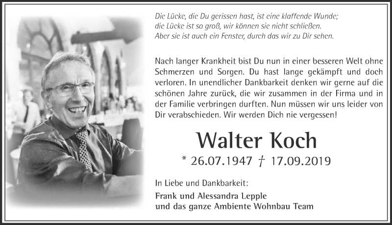  Traueranzeige für Walter Koch vom 21.09.2019 aus 