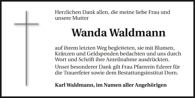  Traueranzeige für Wanda Waldmann vom 28.09.2019 aus 