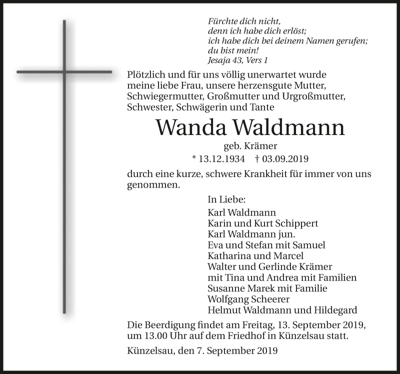  Traueranzeige für Wanda Waldmann vom 07.09.2019 aus 