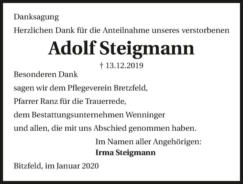  Traueranzeige für Adolf Steigmann vom 18.01.2020 aus 