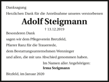 Traueranzeige von Adolf Steigmann 