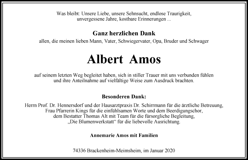  Traueranzeige für Albert Amos vom 25.01.2020 aus 