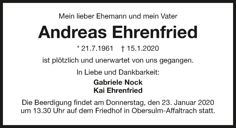  Traueranzeige für Andreas Ehrenfried vom 21.01.2020 aus 