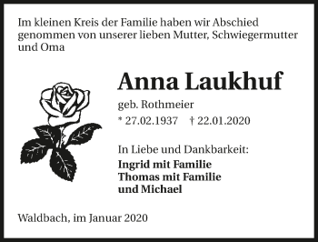 Traueranzeige von Anna Laukhuf 
