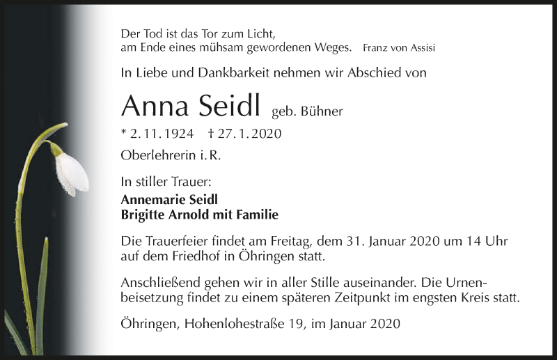  Traueranzeige für Anna Seidl vom 29.01.2020 aus 