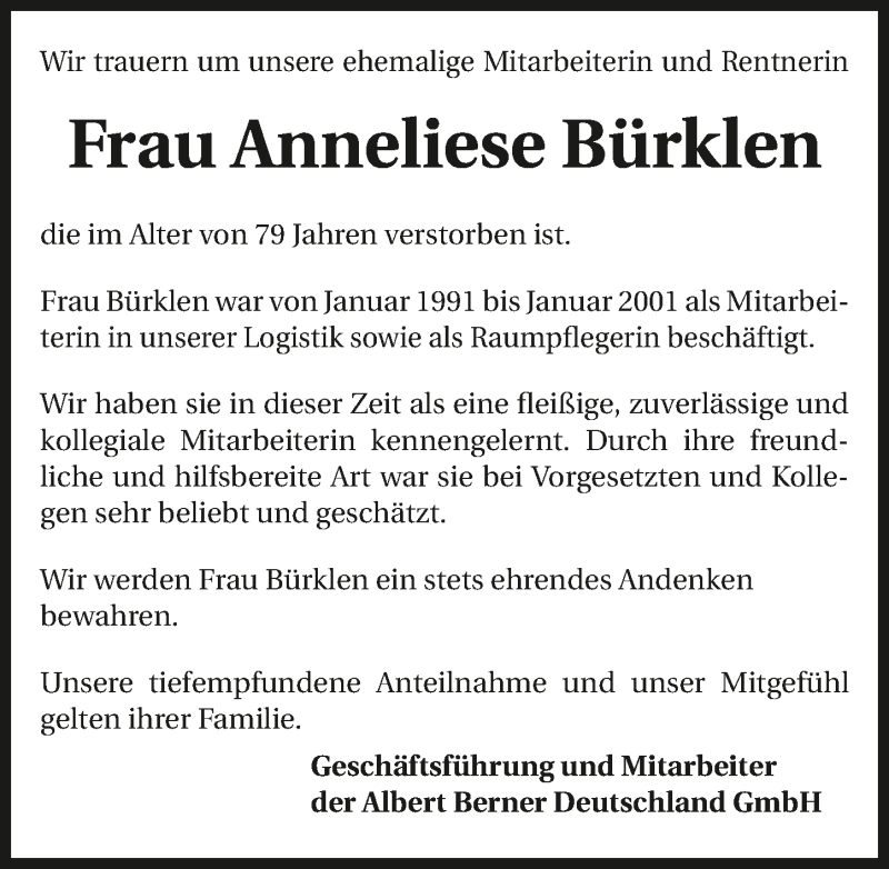  Traueranzeige für Anneliese Bürklen vom 23.01.2020 aus 
