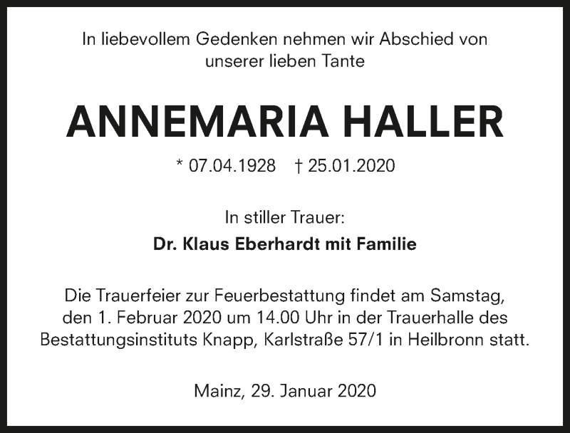  Traueranzeige für Annemarie Haller vom 29.01.2020 aus 