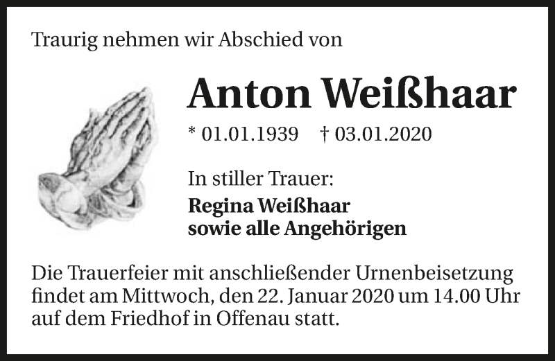  Traueranzeige für Anton Weißhaar vom 14.01.2020 aus 