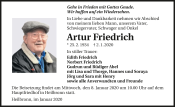Traueranzeige von Artur Friedrich 