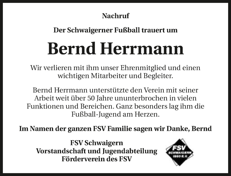  Traueranzeige für Bernd Herrmann vom 16.01.2020 aus 