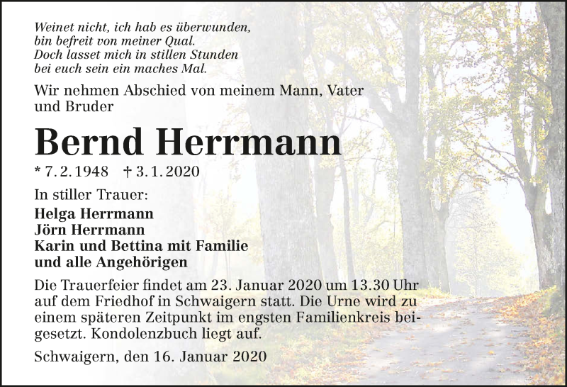  Traueranzeige für Bernd Herrmann vom 16.01.2020 aus 