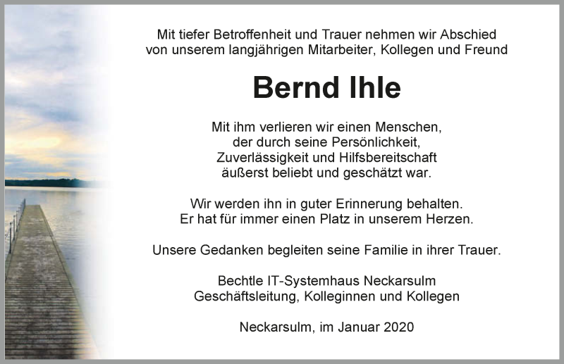  Traueranzeige für Bernd Ihle vom 25.01.2020 aus 
