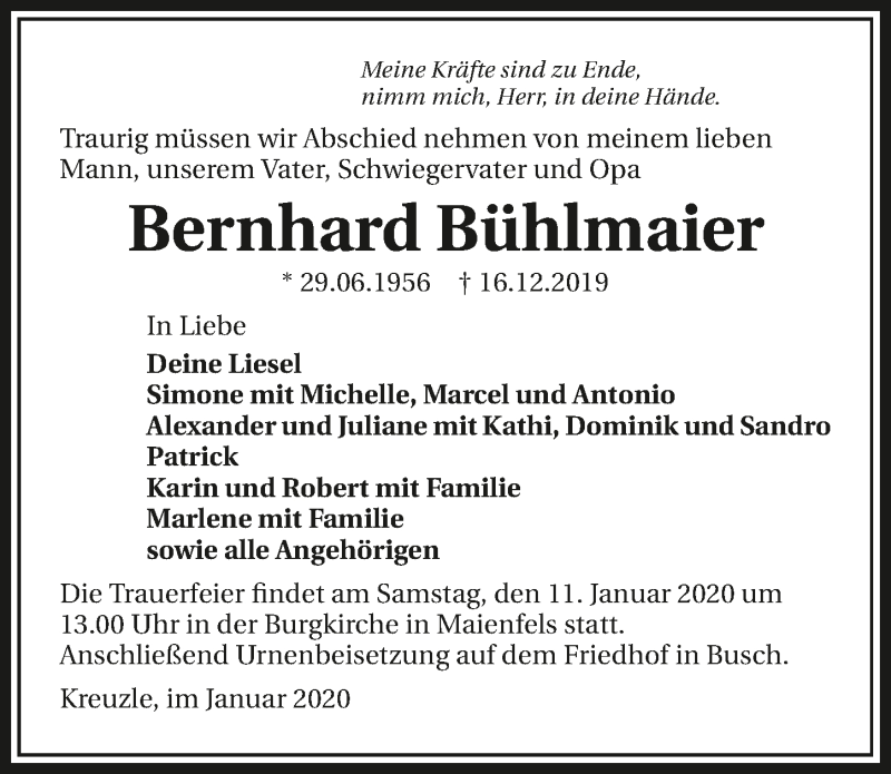  Traueranzeige für Bernhard Bühlmaier vom 08.01.2020 aus 