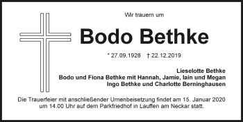 Traueranzeige von Bodo Bethke 