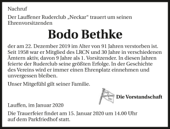 Traueranzeige von Bodo Bethke 